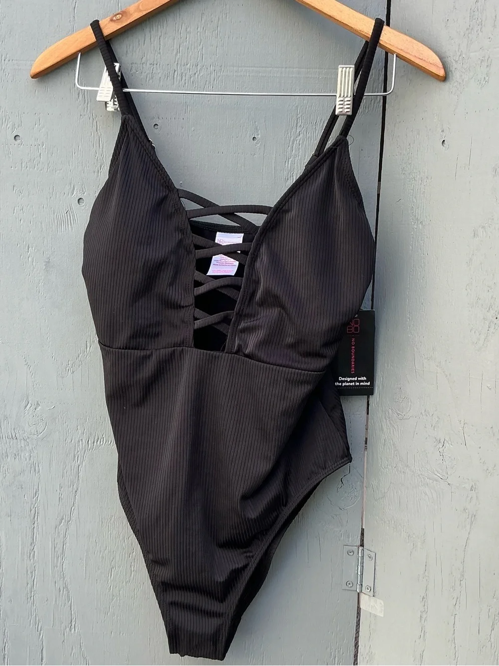 No Boundaries Black Ribbed One-Piece Swimsuit with Lace-Up Front